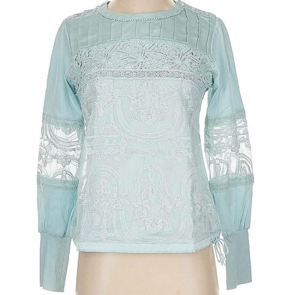 Anthropologie lace shirt. NWT. Sky blue. Size S.